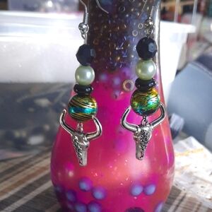 Handmade Green and Black Beaded Longhorn Charm Earrings